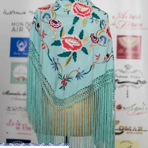 Mantoncillo de flamenco 027 para mujer verde agua con flores de colores