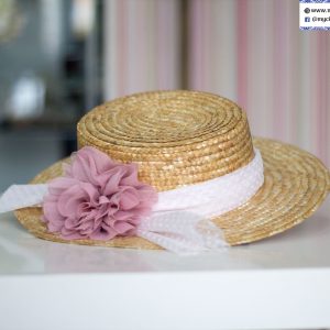 Sombrero de paja 041 marrón con lazo blanco y flor rosa